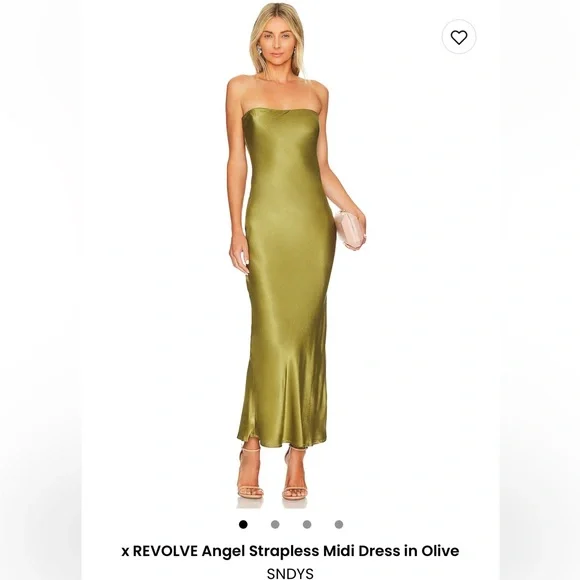 SNDYS REVOLVE Angel Strapless Midi Dress in Olive Green - Picture 1 of 4
